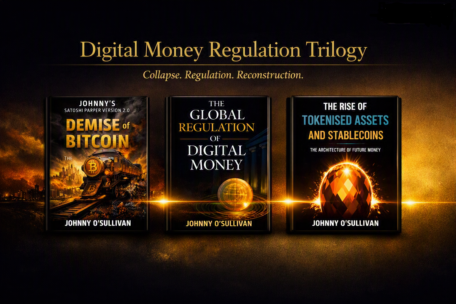 Digital Money Regulation Trilogy promotional artwork featuring three book covers.